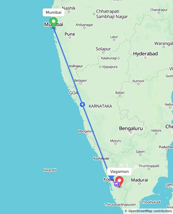 Route map showing distance and travel time from Mumbai, India to Vagamon, India