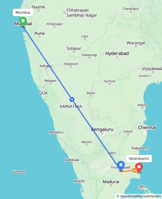 Route map showing distance and travel time from Mumbai, India to Velankanni, India