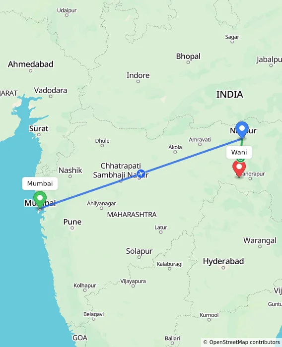 Route map showing distance and travel time from Mumbai, India to Wani, India