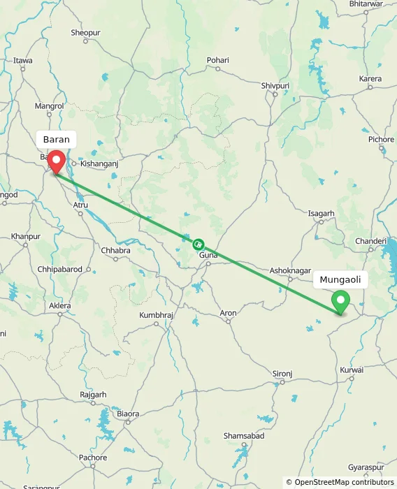 Route map showing distance and travel time from Mungaoli, India to Baran, India