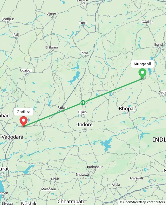 Route map showing distance and travel time from Mungaoli, India to Godhra, India