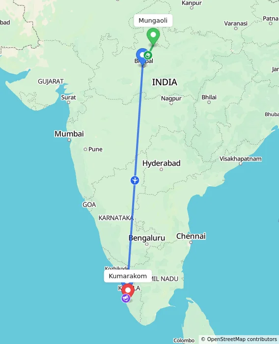 Route map showing distance and travel time from Mungaoli, India to Kumarakom, India