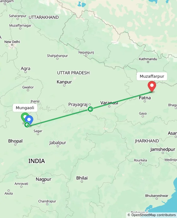 Route map showing distance and travel time from Mungaoli, India to Muzaffarpur, India