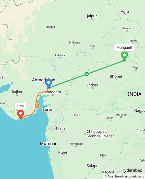 Route map showing distance and travel time from Mungaoli, India to Una, India