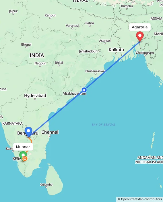 Route map showing distance and travel time from Munnar, India to Agartala, India