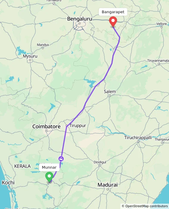 Route map showing distance and travel time from Munnar, India to Bangarapet, India