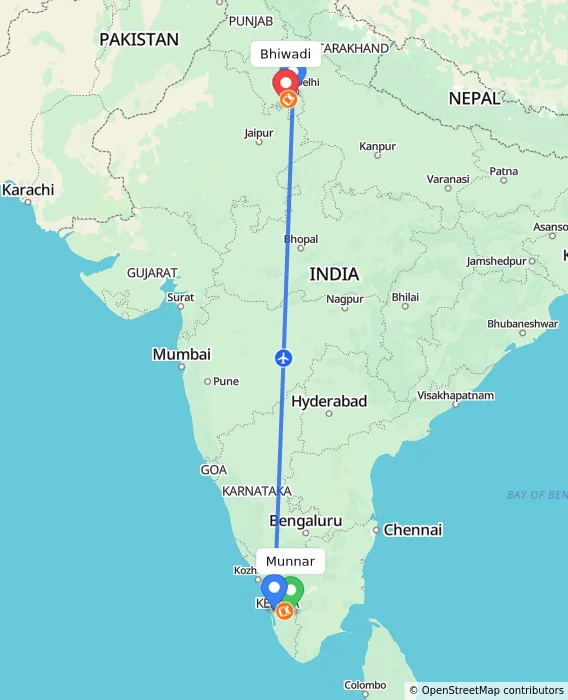 Route map showing distance and travel time from Munnar, India to Bhiwadi, India