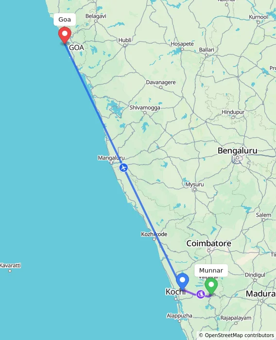 Route map showing distance and travel time from Munnar, India to Goa, India