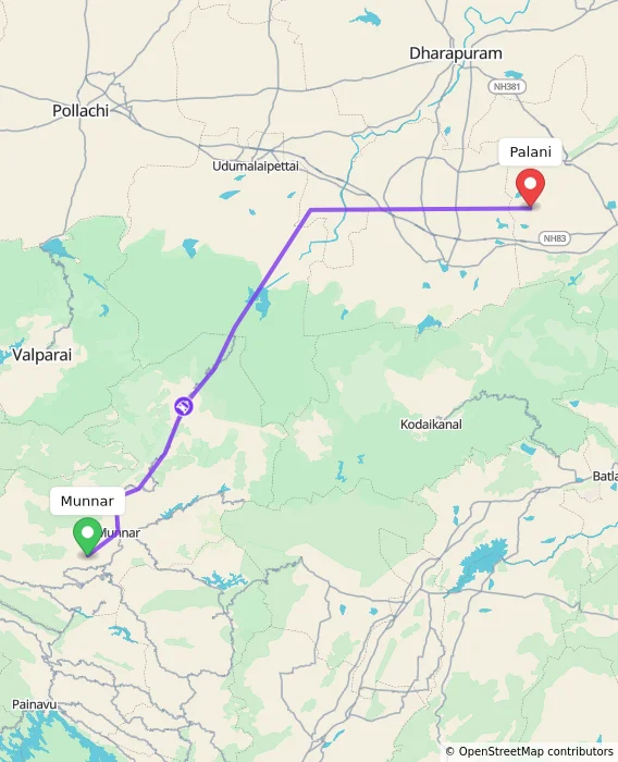 Route map showing distance and travel time from Munnar, India to Palani, India