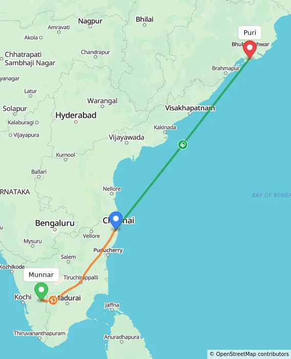 Route map showing distance and travel time from Munnar, India to Puri, India