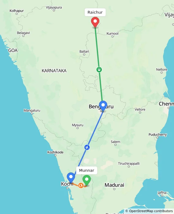 Route map showing distance and travel time from Munnar, India to Raichur, India