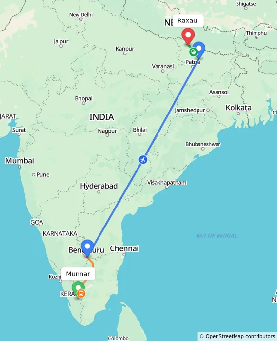 Route map showing distance and travel time from Munnar, India to Raxaul, India