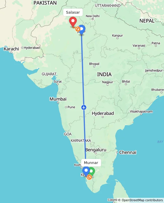Route map showing distance and travel time from Munnar, India to Salasar, India