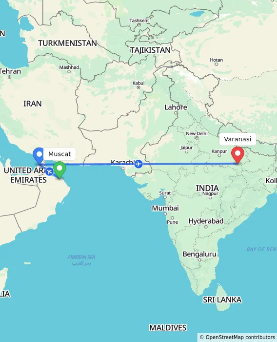 Route map showing distance and travel time from Muscat, Oman to Varanasi, India