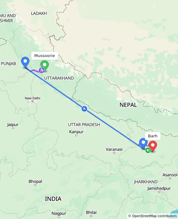 Route map showing distance and travel time from Mussoorie, India to Barh, India