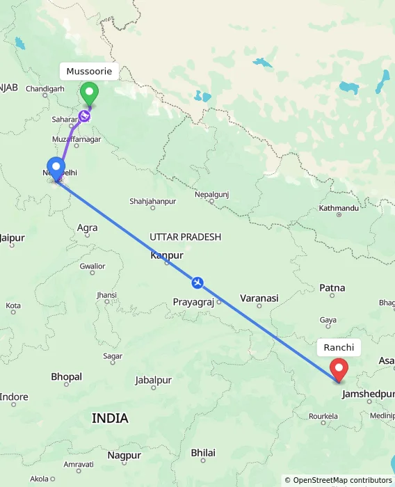 Route map showing distance and travel time from Mussoorie, India to Ranchi, India