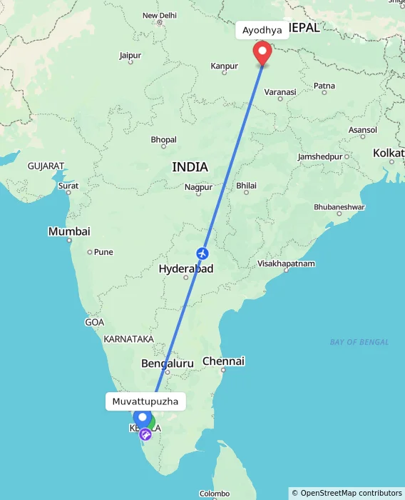Route map showing distance and travel time from Muvattupuzha, India to Ayodhya, India