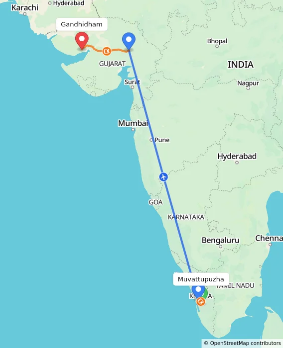 Route map showing distance and travel time from Muvattupuzha, India to Gandhidham, India
