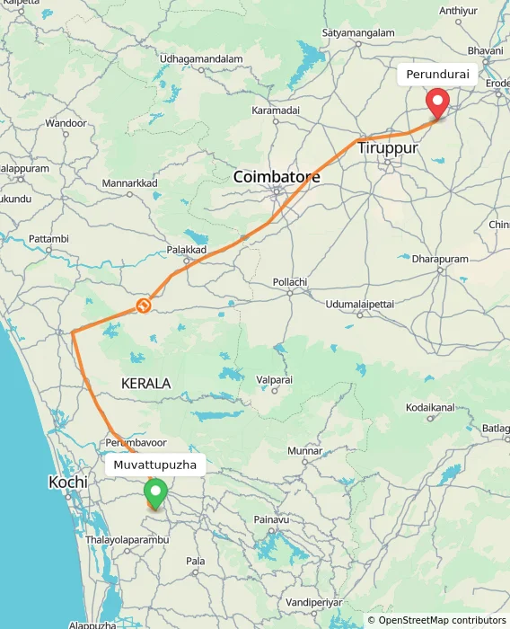 Route map showing distance and travel time from Muvattupuzha, India to Perundurai, India