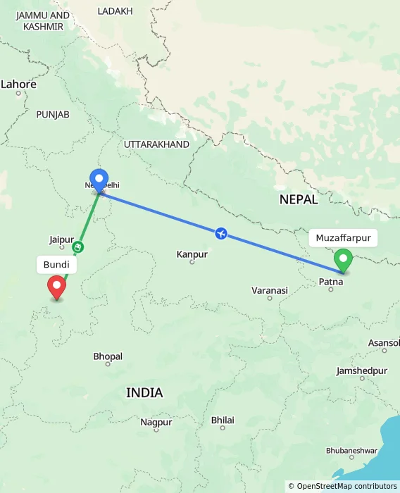 Route map showing distance and travel time from Muzaffarpur, India to Bundi, India