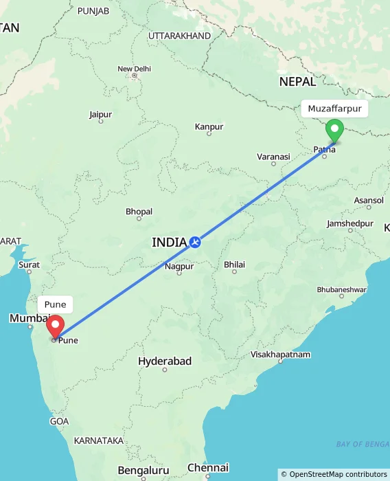 Route map showing distance and travel time from Muzaffarpur, India to Pune, India