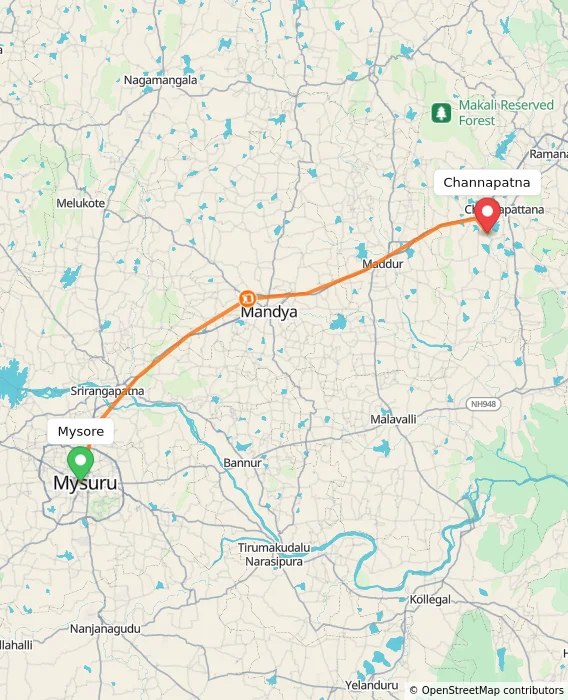 Route map showing distance and travel time from Mysore, India to Channapatna, India