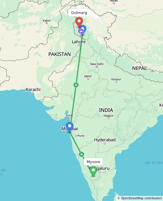 Route map showing distance and travel time from Mysore, India to Gulmarg, India