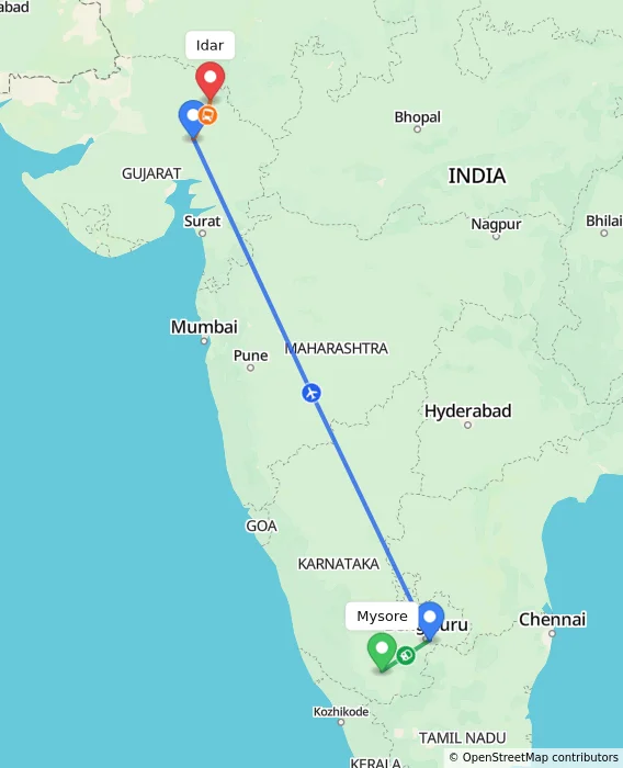 Route map showing distance and travel time from Mysore, India to Idar, India