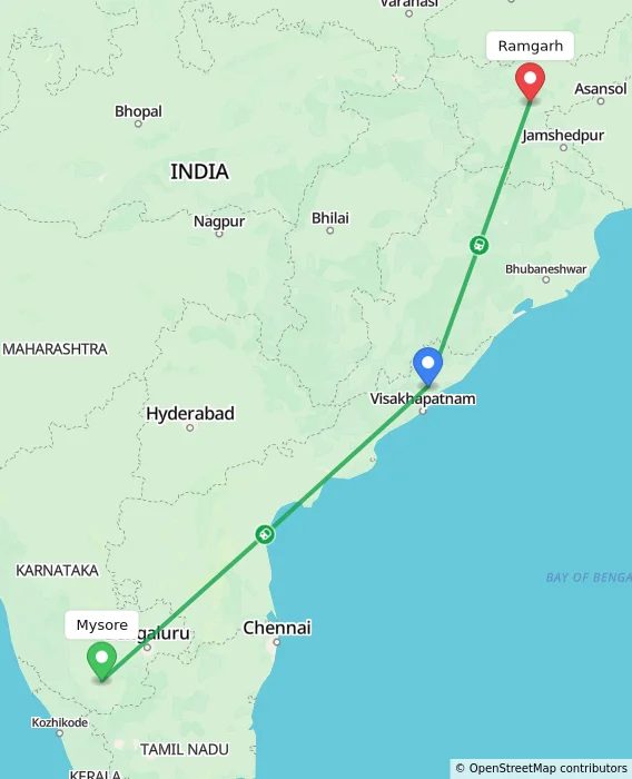 Route map showing distance and travel time from Mysore, India to Ramgarh, India