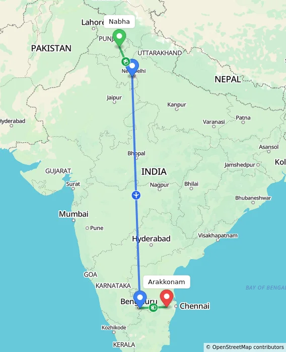 Route map showing distance and travel time from Nabha, India to Arakkonam, India