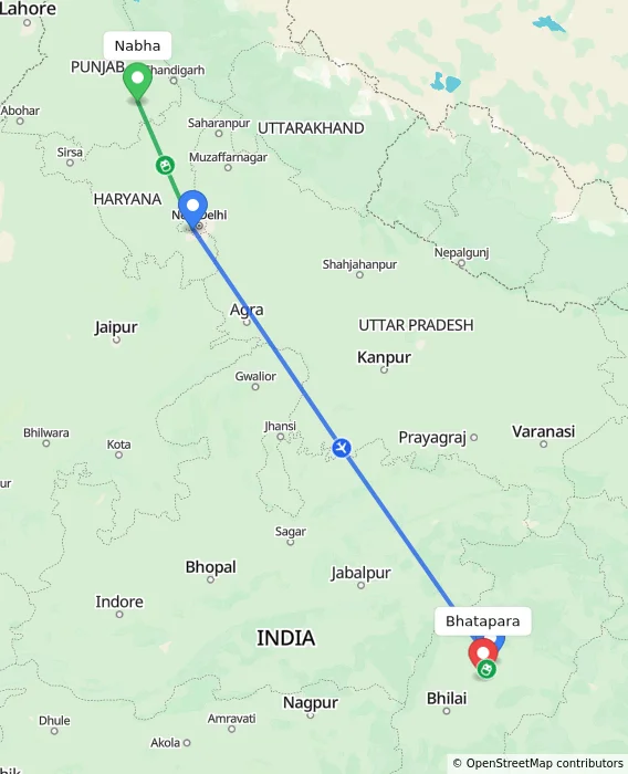 Route map showing distance and travel time from Nabha, India to Bhatapara, India