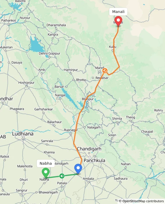 Route map showing distance and travel time from Nabha, India to Manali, India