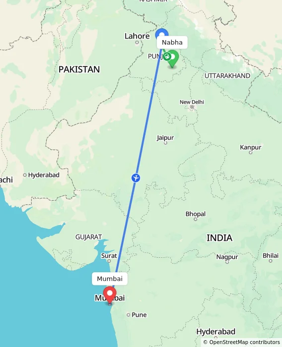 Route map showing distance and travel time from Nabha, India to Mumbai, India