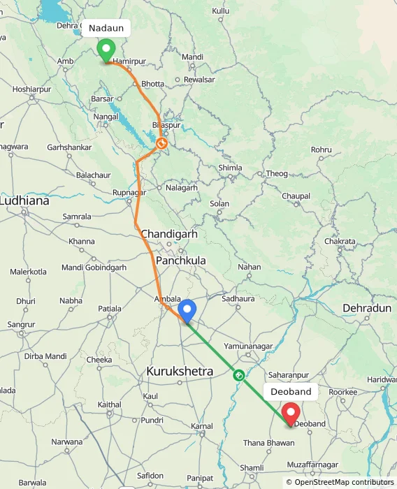 Route map showing distance and travel time from Nadaun, India to Deoband, India