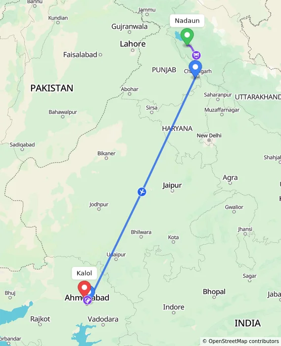 Route map showing distance and travel time from Nadaun, India to Kalol, India