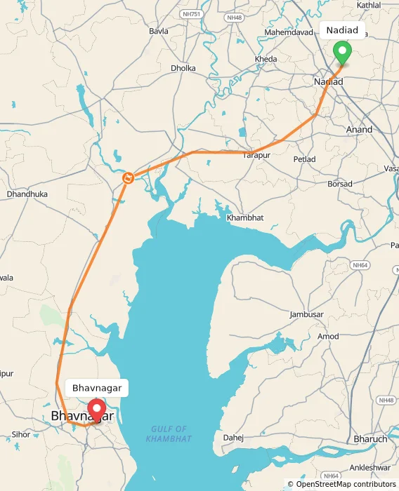 Route map showing distance and travel time from Nadiad, India to Bhavnagar, India