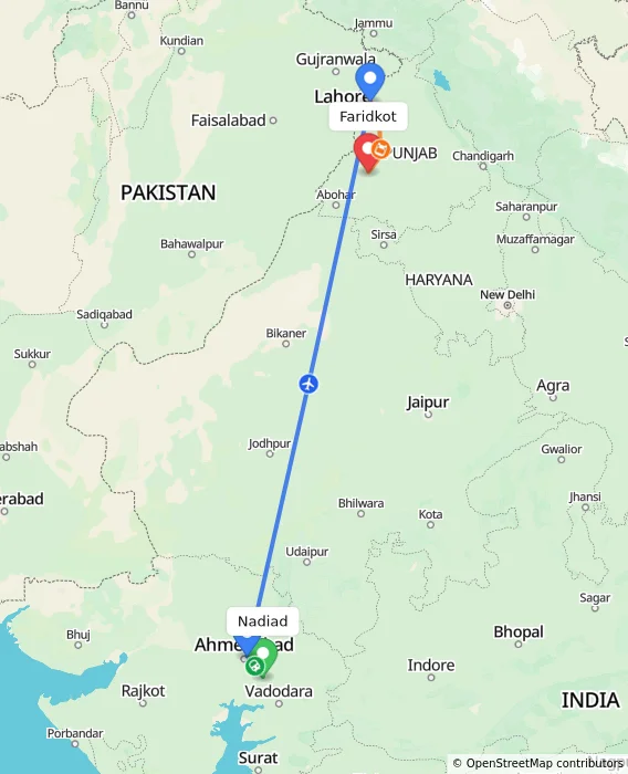 Route map showing distance and travel time from Nadiad, India to Faridkot, India