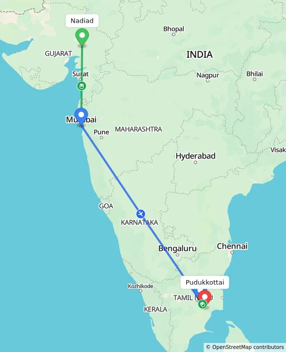 Route map showing distance and travel time from Nadiad, India to Pudukkottai, India