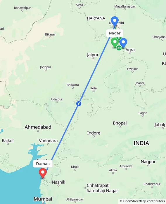 Route map showing distance and travel time from Nagar, India to Daman, India