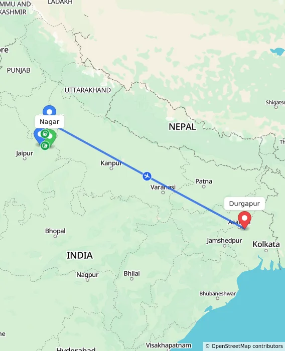 Route map showing distance and travel time from Nagar, India to Durgapur, India