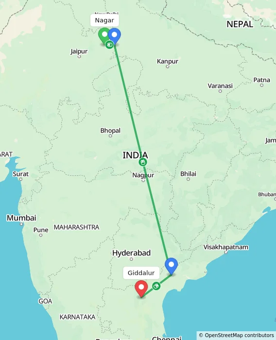 Route map showing distance and travel time from Nagar, India to Giddalur, India