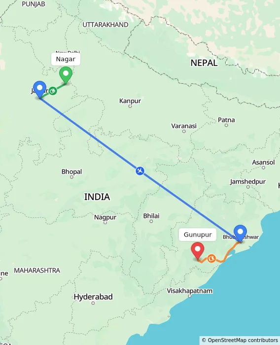 Route map showing distance and travel time from Nagar, India to Gunupur, India