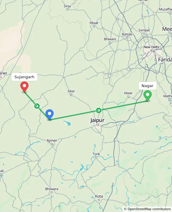 Route map showing distance and travel time from Nagar, India to Sujangarh, India