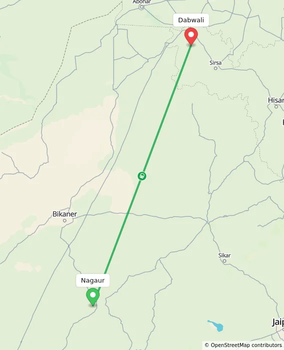Route map showing distance and travel time from Nagaur, India to Dabwali, India