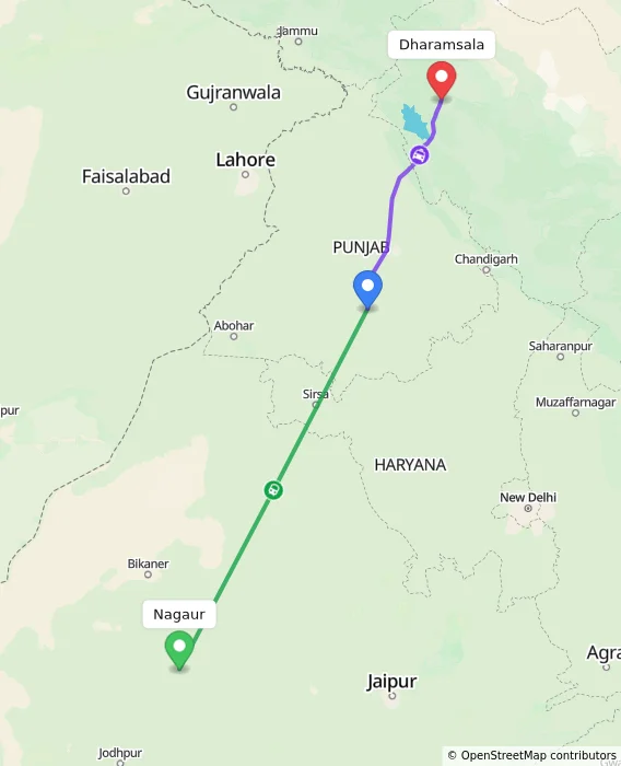 Route map showing distance and travel time from Nagaur, India to Dharamsala, India
