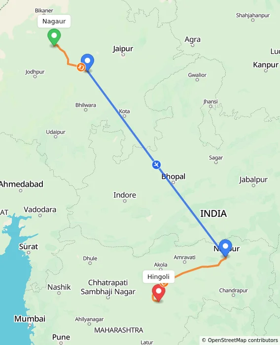 Route map showing distance and travel time from Nagaur, India to Hingoli, India