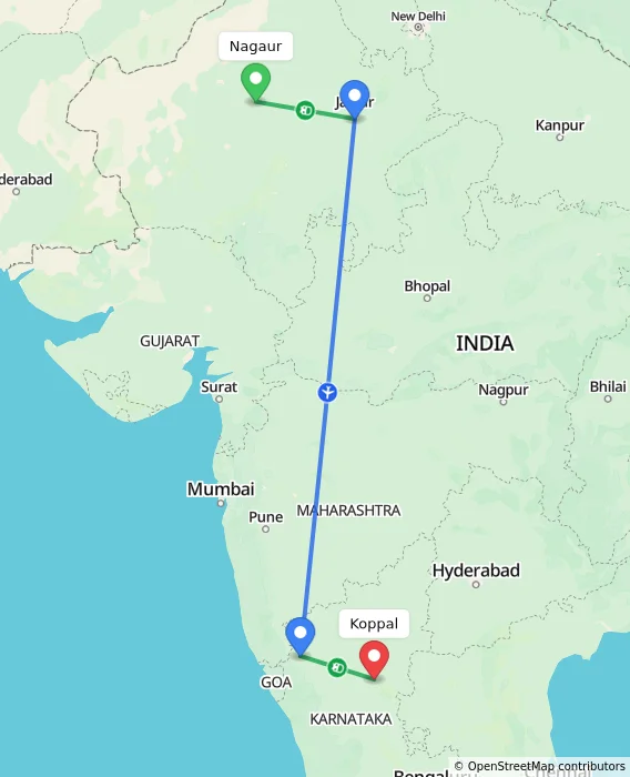 Route map showing distance and travel time from Nagaur, India to Koppal, India