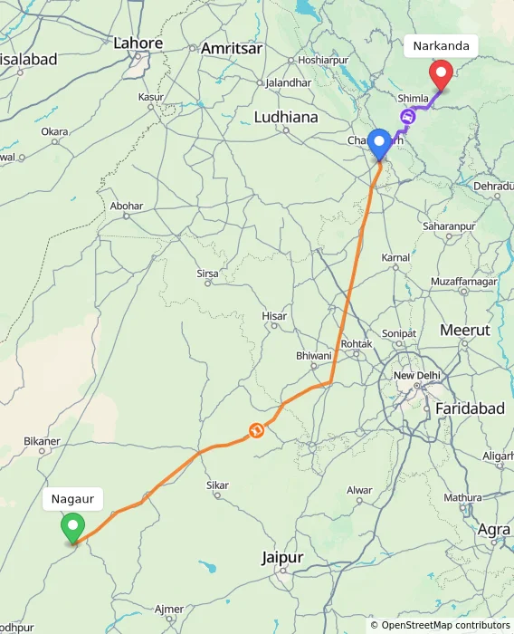 Route map showing distance and travel time from Nagaur, India to Narkanda, India