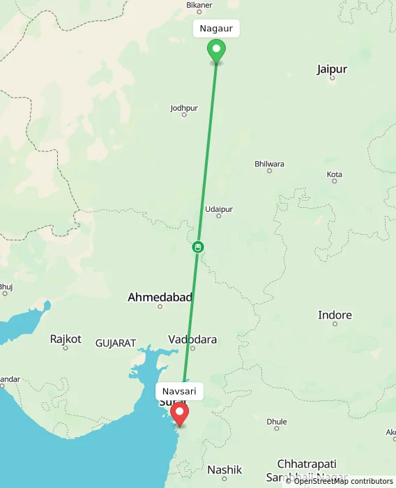Route map showing distance and travel time from Nagaur, India to Navsari, India