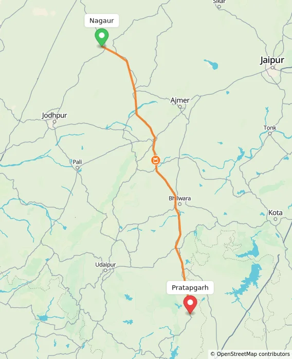 Route map showing distance and travel time from Nagaur, India to Pratapgarh, India